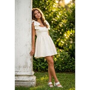 Idem Ditto Dress Womens Size S cream  Floral Jacquard Bow Fit & Flare Mini